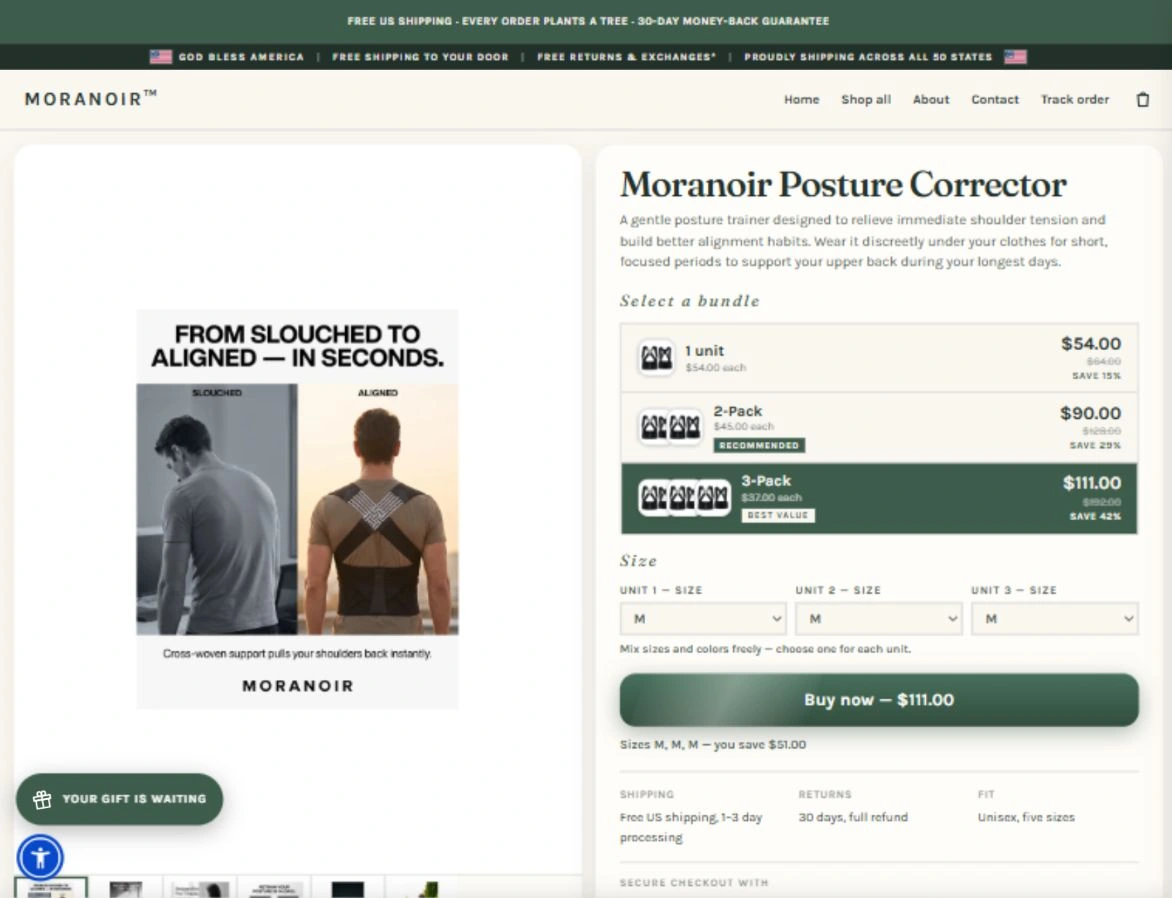 Moranoir product page with bundle and size selection