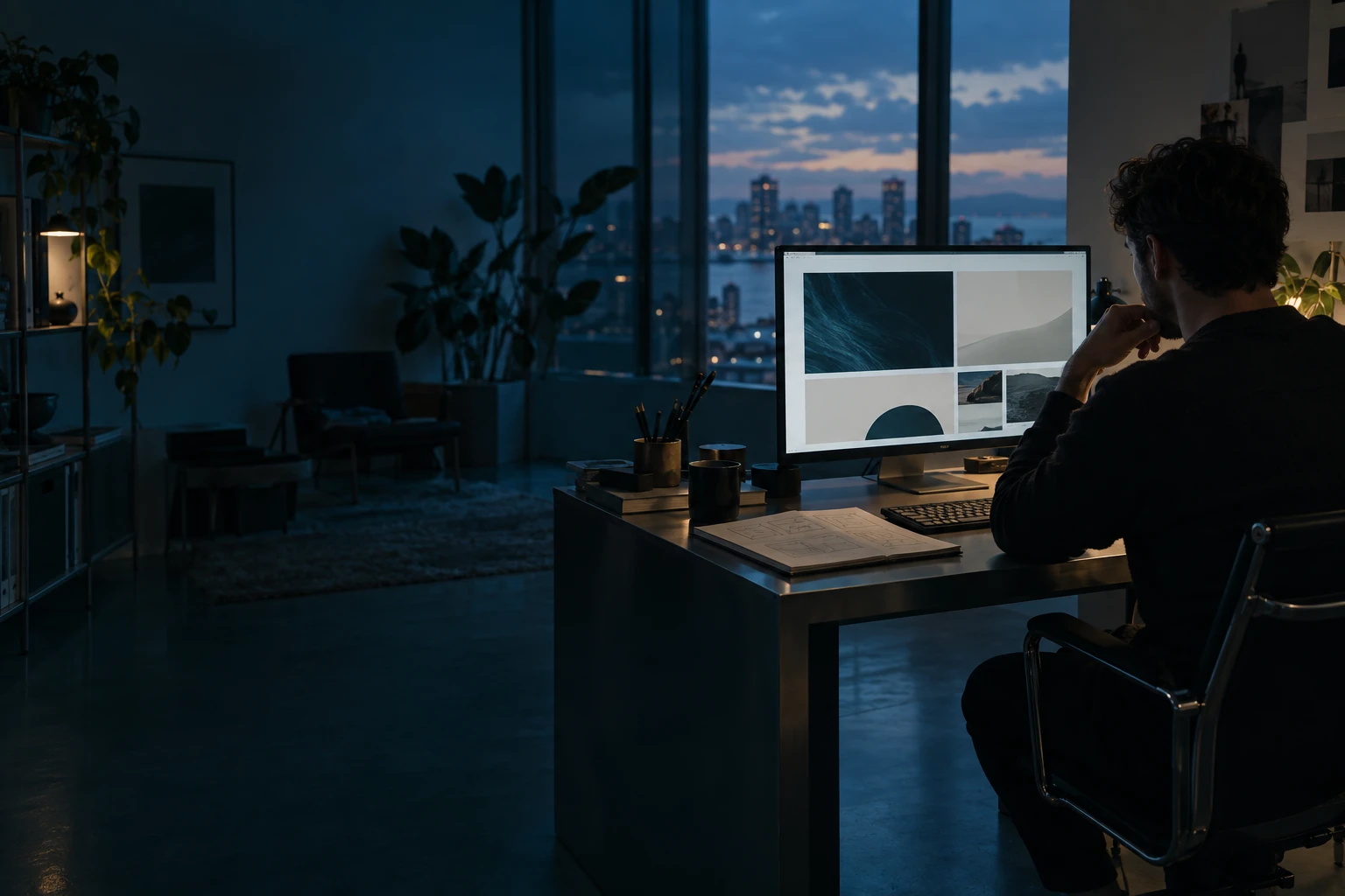 Illustrative designer workspace at blue hour